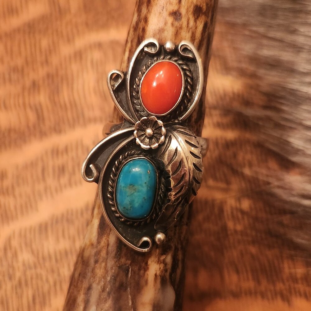 Vintage Turquoise and Coral feather butterfly ring